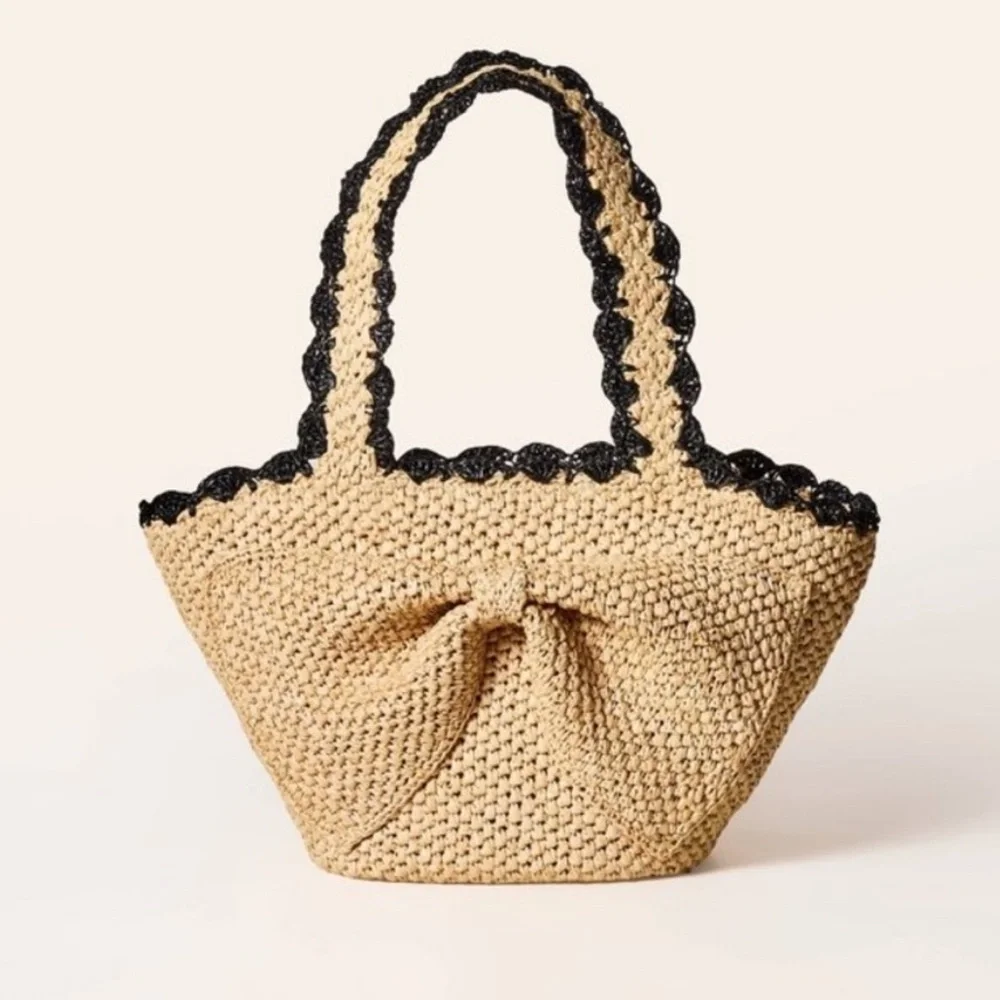 kate spade Natural Raffia Tote with Black Scalloped Trim